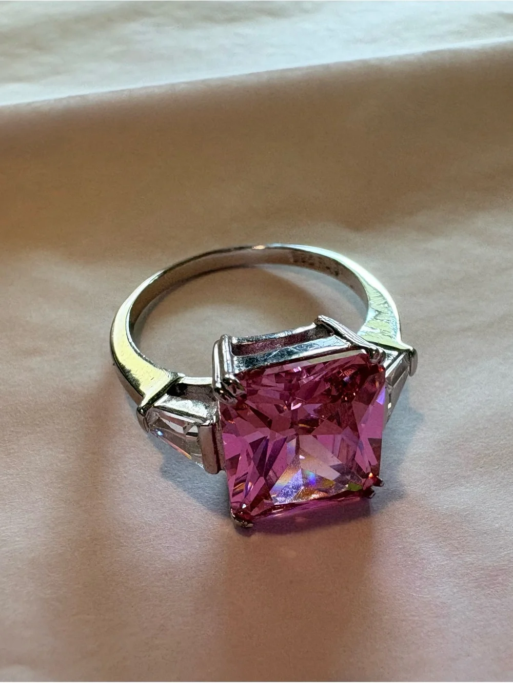 Pink Square-Cut Statement Ring in Silver